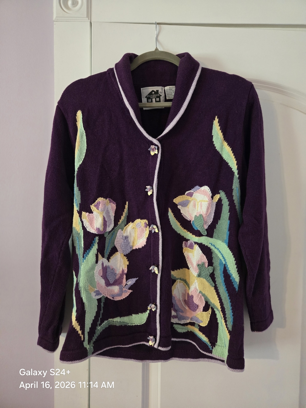 Purple Floral Embroidered Cardigan Sweater - Ladies